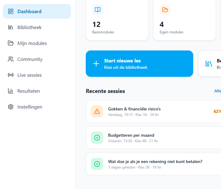 Concept of the BillMeister teacher dashboard showing lesson modules, recent sessions and results. The interface is shown in Dutch.
